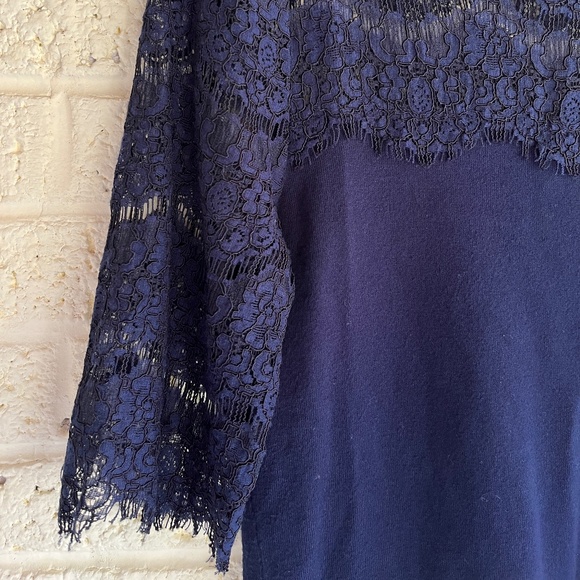 Navy Blue 3/4 Length Lace Sleeve Shirt - Picture 4 of 6